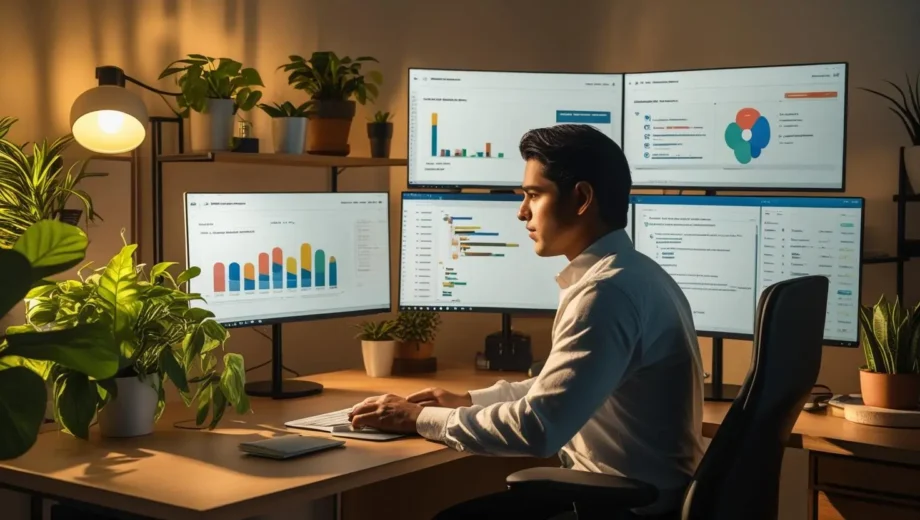 Modern 2025 remote home office with digital tools, showing a focused worker managing productivity in a USA or UK setting