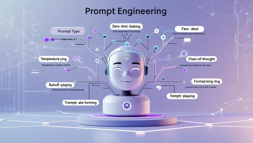 Visual representation of prompt engineering showing types of prompts and techniques with an AI model and branching diagram