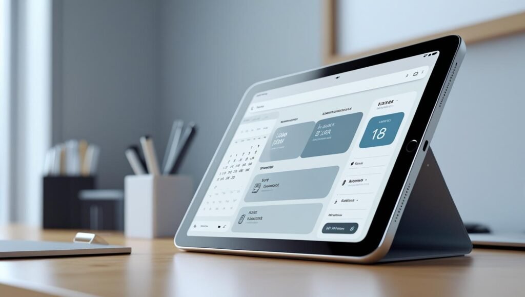 Tablet screen showing a digital workspace app interface with productivity tools like tasks, calendar, and notes