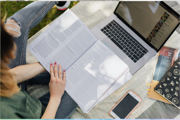 A girl studying with the help of student tools.