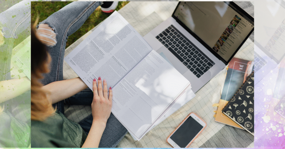 A girl studying with the help of student tools.
