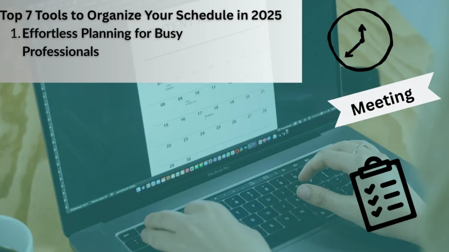 “Hero image showing scheduling tools and productivity apps for 2025 with a calendar interface and title text overlay.