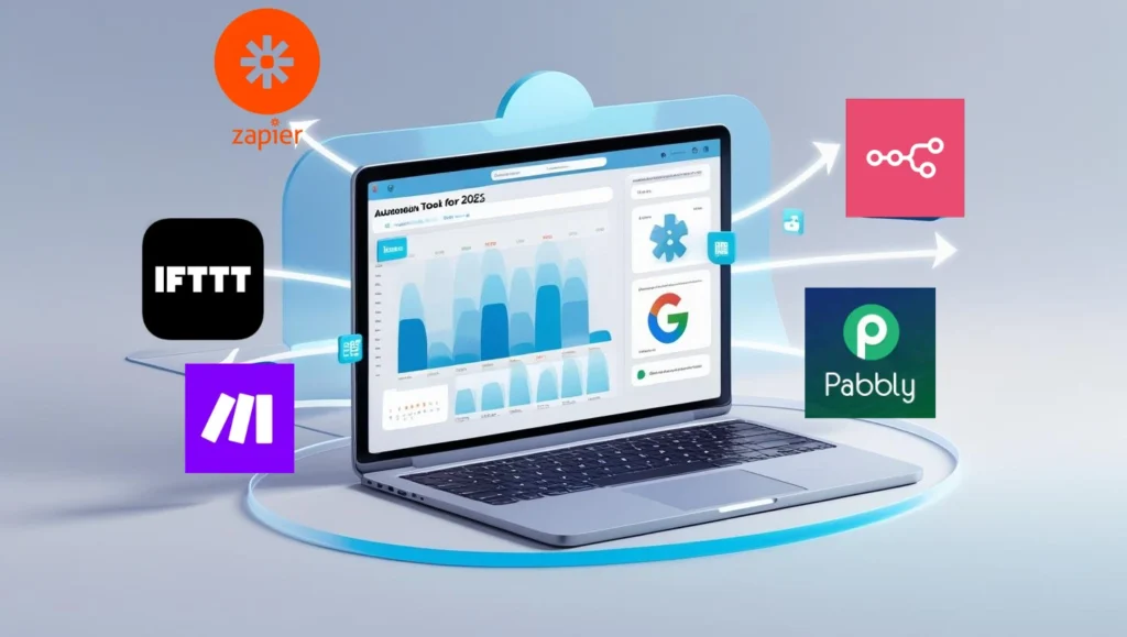 Realistic digital workspace showing automation tools and productivity workflow in 2025