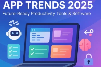 App Trends 2025 hero image showing AI, productivity tools, and software on a laptop screen with modern gradient background.