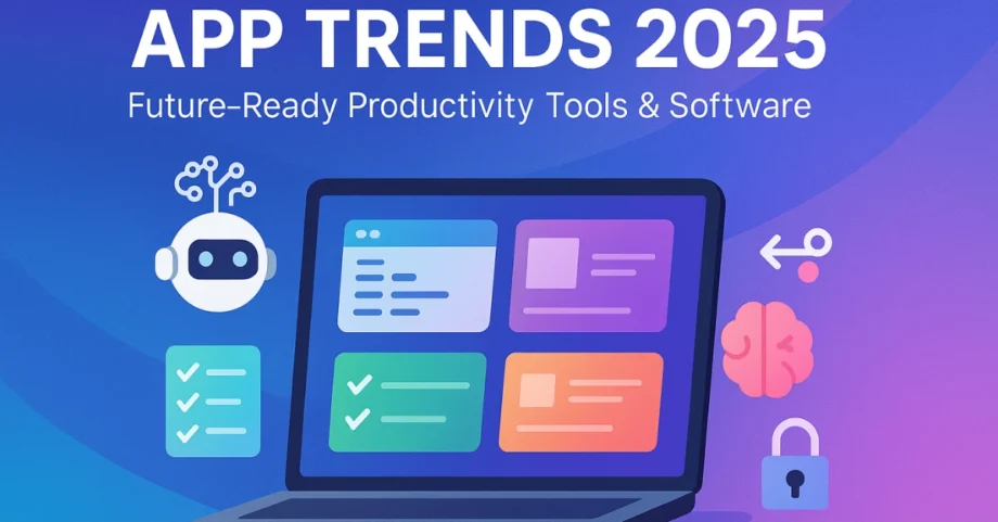 App Trends 2025 hero image showing AI, productivity tools, and software on a laptop screen with modern gradient background.
