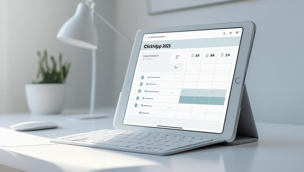 workspace with a tablet showing task dashboard – ClickUp productivity suite 2025