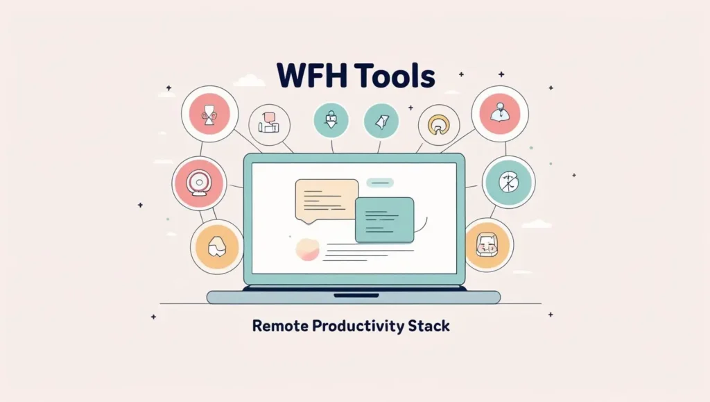 Illustration of categorized WFH tools for remote productivity, including communication, time tracking, and automation apps.