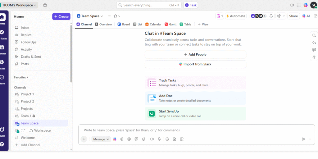 Real ClickUp workspace showing dashboard and key features for 2025