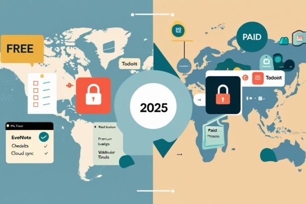 Visual comparison of free vs paid productivity tools in 2025 with icons representing Evernote, Todoist, Trello, and cloud-based task management features.