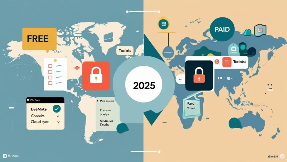 Visual comparison of free vs paid productivity tools in 2025 with icons representing Evernote, Todoist, Trello, and cloud-based task management features.