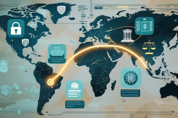 Global tech policy roadmap for emerging markets with icons for privacy, regulation, and digital growth overlaid on a digital world map