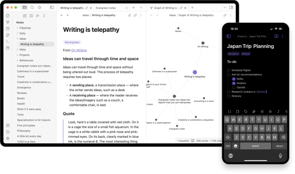 Screenshot of Obsidian note-taking dashboard with linked notes and markdown interface