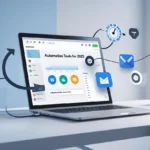Realistic digital workspace showing automation tools and productivity workflow in 2025