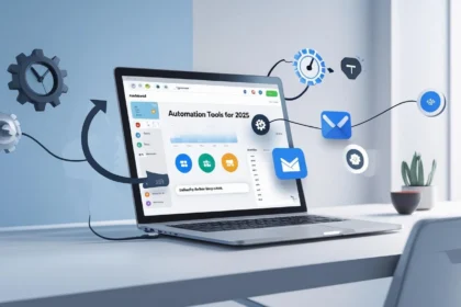 Realistic digital workspace showing automation tools and productivity workflow in 2025
