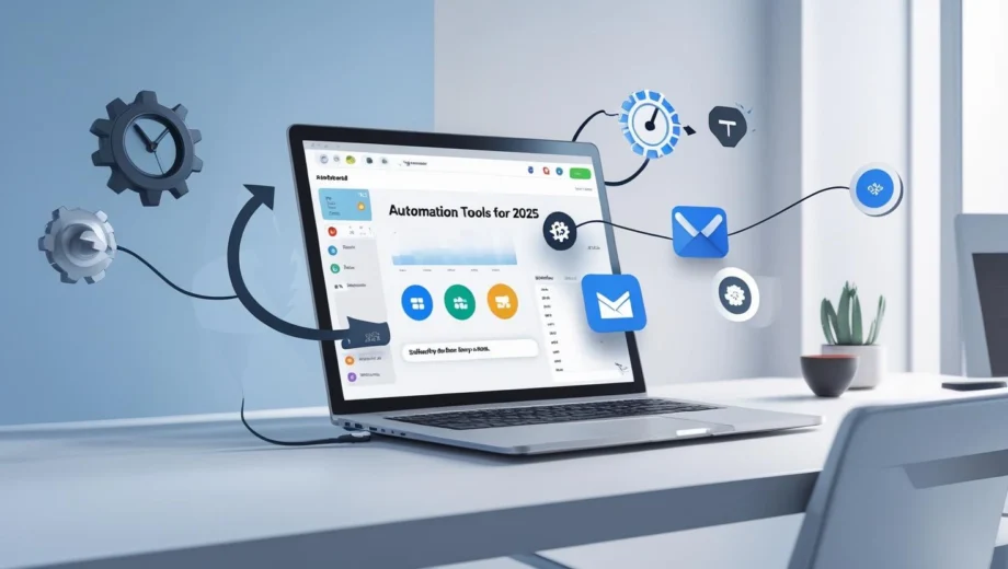 Realistic digital workspace showing automation tools and productivity workflow in 2025